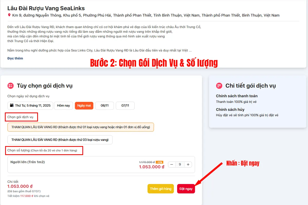 Huong dan dat ve online Lâu đài rượu Vang